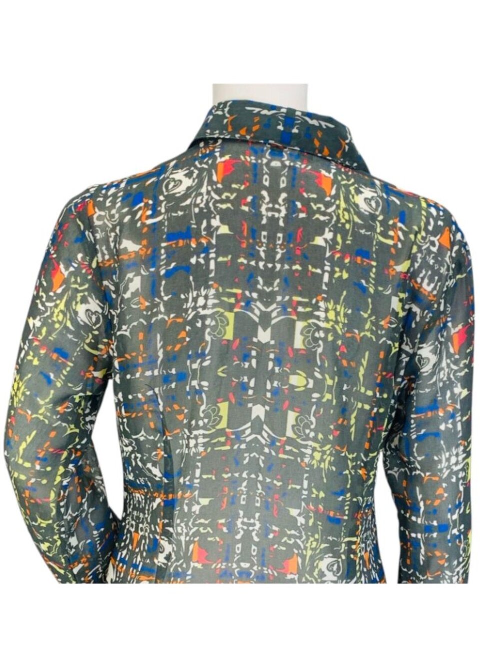 Cabi Womens Festival Button Blouse Multicolor Geometric Print Sheer #129 Size S - Picture 8 of 12